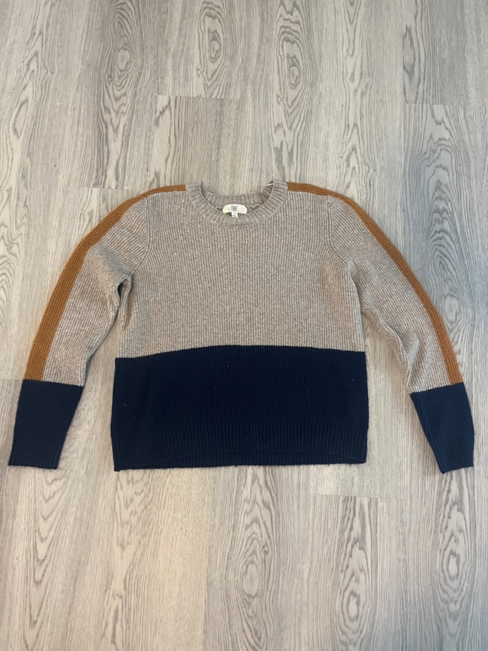 Colorblock Crewneck Sweater in Taupe, Navy & Camel